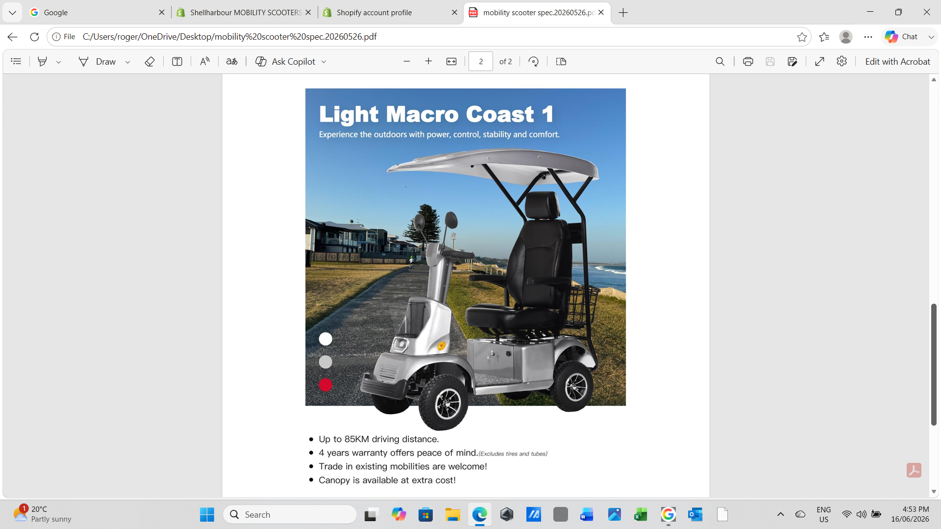 Light Macro Coast 1  DELUXE Mobility Scooter WITH CANOPY – RED /SILVER /WHITE